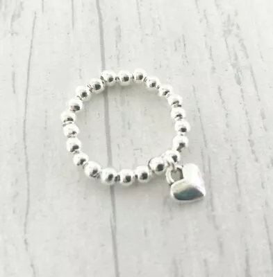 Silver Ball Beaded Stretch Ring Dangle Heart Charm Toe Thumb Elastic Bijoux • £4.25