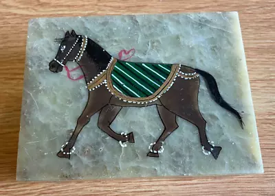 Marble Trinket Box Jewelry Hand Painted Horse Vintage 4 X 3 X 1.5 In. • $10.99