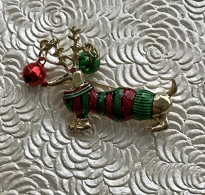 Dachshund  Dog Christmas  Vintage Style Brooch  Enamel On Gold  Tone Metal • $14.98