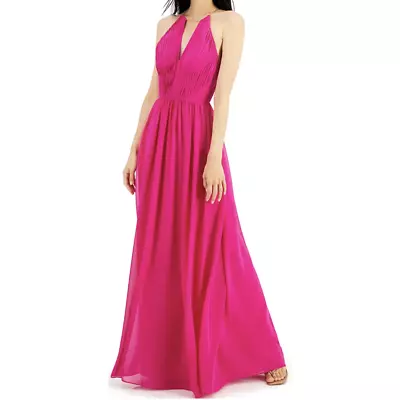 AIDON MATTOX Sz 4 Vibrant Pink Pleat Gold Chain Back Maxi NWT B13 • $115.50