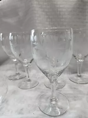 Etched Depression Era Stemware Cordial Glasses Vintage Cut Floral Design Lot 6 • $34.96