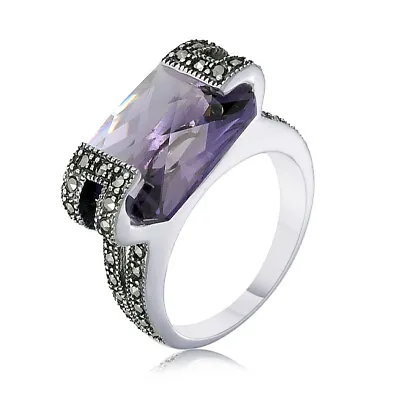 Oval Cut Marcasite & Amethyst Solitaire Engagement Ring Sterling Silver • $245.08