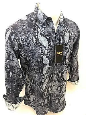 Men PREMIERE REPTILE SNAKESKIN Long Sleeve BUTTON UP Dress Shirt BLACK GRAY 659 • $29.95