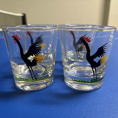 Set Of 4 Rooster Crowing Drink Glasses Retro Rooster Short Tumblers • $18