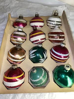 Vtg Shiny Bright? Glass Ornaments GERMAN Striped Mica Mix Box Set • $70