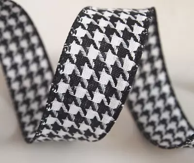 5 Yards Black White Houndstooth 1 1/2  Wired Ribbon Christmas Decor 5yds • $2.99