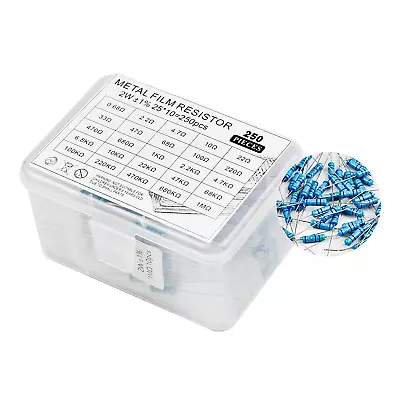 2W 250Pcs 25 Value 0.68R-1MR Ω Ohm ±1% Tolerance 0.01 Metal Film Resistor Assort • $22.38