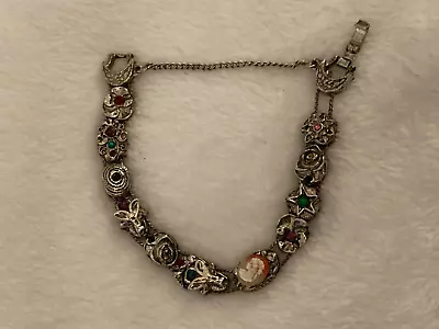 Vintage 60’s Goldette Style Unsigned Slide Bracelet W/12 Charms & Stones 7” • $34.99