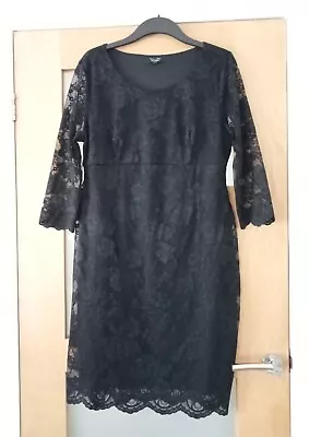 Black Lace Dress NEW LOOK Size 16 MATERNITY 3/4 Sleeve Stretchy Knee Length • £5