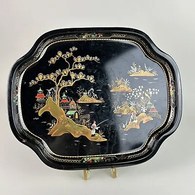 Vintage Baret Ware Oriental  China Gardens  Black Metal Serving Tray 16-1/2  • $18