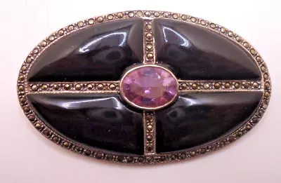 Sterling Onyx Amethyst And Marcasite Oval Brooch Vintage • $10