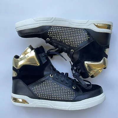 G By Guess Men’s Theron High Top Sneakers Gold Studded Accents Black Shoes Sz 9 • $22.49