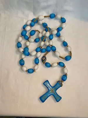 Vintage X-Large 45” Catholic Rosary Blue & White Clay Beads Cross Relic Mexican • $25