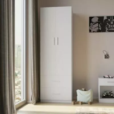 White Wooden Orlando 2 Drawer With 2 Door Bedroom Wardrobe Hanging Bar Compact • £124.99