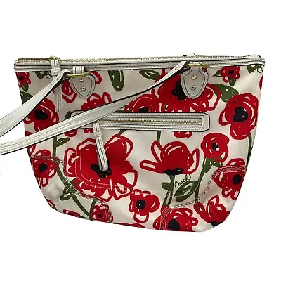 Coach Poppy Floral Tote Handbag 23263 Red White Top Handle Leather Trim • $49