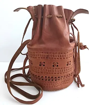 Vtg Morrocan Hand Tooled Brown Leather Drawstring Top Bucket  Crossbody Bag • $29