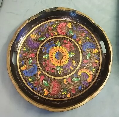 Colorful Mexican Hand Painted Batea Tole Tray Vintage Wood Folk Art Bowl 17  • $21.99