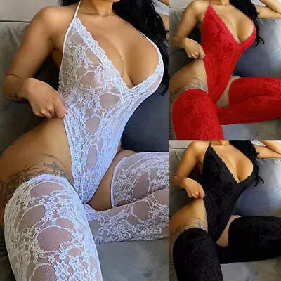 Womens Lace Sexy Lingerie Bodysuit Babydoll Nightwear Stocking Set Underwear • £7.39