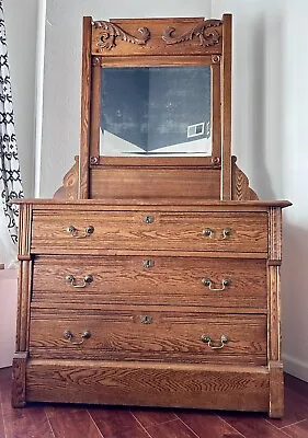 Antique Oak Dresser With Mirror Three Drawer Tilting Mirror Brass Hardware • $375