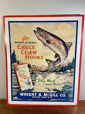 Vintage Tin Sign Wright McGill Eagle Claw Hooks Fly Fishing Embossed Metal Trout • $120