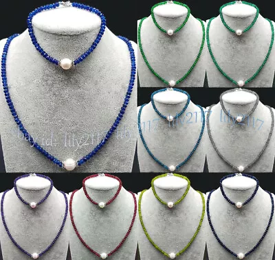 $4.99 • Buy 2x4mm Faceted Gemstone Rondelle Beads 8-9mm White Pearl Necklace Bracelet Set
