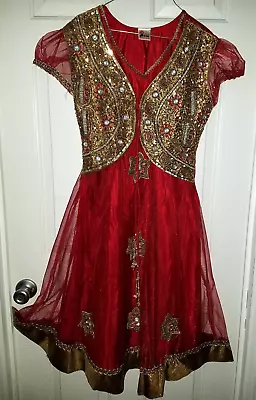 Vintage Ethnic Dress Red Sheer Gauze Beaded Sequin Boho Hippie Sz M • $39.99