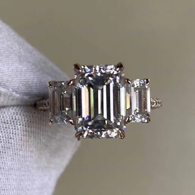 Emerald Cut Three Stone Moissanite Engagement Wedding Ring 14K White Gold Plated • $156.59