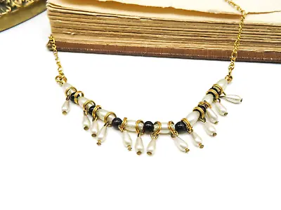 Vintage Gold Tone White Faux Pearl Fringe Black Glass Bead Necklace MM30 • $16.99