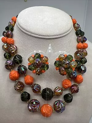 Vintage West Germany 2 Strand Necklace & Clip Earring Set Multi-colored 6834 • $39.99