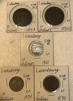 Luxembourg 1855 - 1930 Ten 10 Centimes Fine F - XF Condition 5 Coin Lot • $39