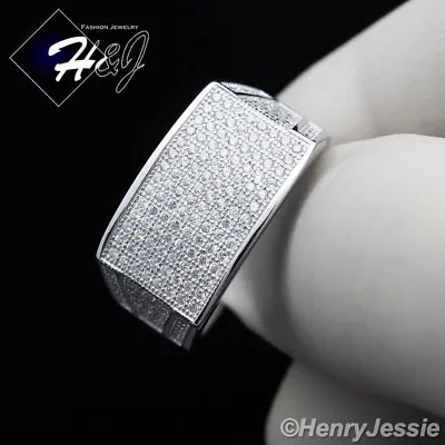 Men Solid 925 Sterling Silver Icy Bling Cz Silver Rectangle Ring Size 7-13*sr1 • $36.99