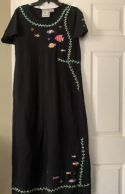 Michael Simon Lite Black Maxi Dress Size M Embroidered Sequined Colorful Fish • $22.99