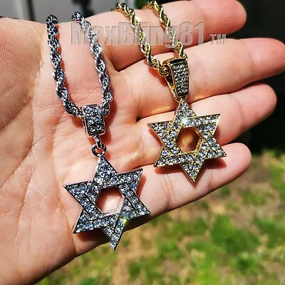 Iced Gold Plated Star Of David Cubic Zirconia Pendant & 24  Rope Chain Necklace • $11.99