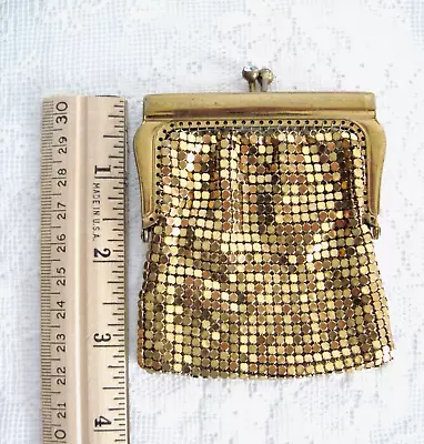Vintage Gold Mesh Small Coin Change Purse With Kiss Lock Closure Rhinestone • $14.95