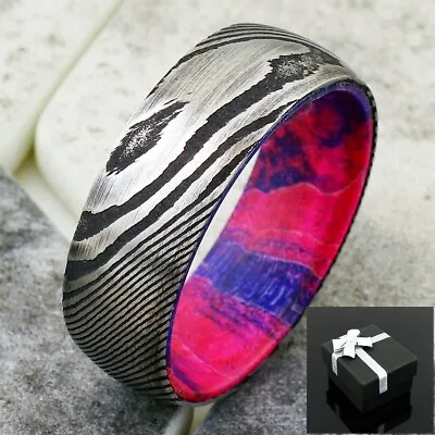 8mm Men's Black Damascus Steel With Blue Box Elder Wood Sleeve Wedding Band Ring • $24.99