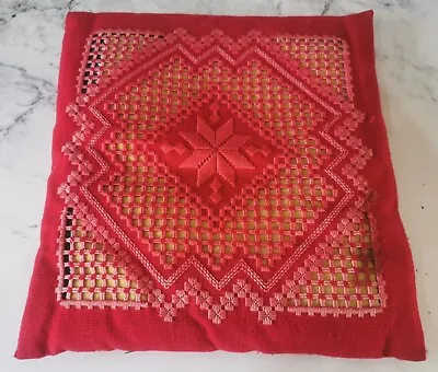 Vintage Handmade Embroidered Needlepoint Red Cushion - 38cm X 38cm • £3.99