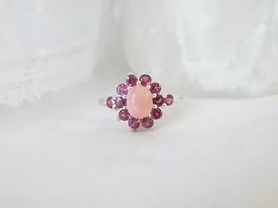 Sterling Silver 925 Treated Pink Opal Rhodolite Halo Ring Size 10 • $39.90