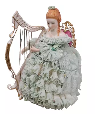 Muller Volkstedt Irish Dresden Lace Lady Playing Harp Figurine • $155.80