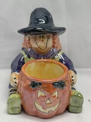 VTG Halloween Witch Jack O’Lantern Candle Votive  Holder Pumpkin Light Ceramic • $35.99