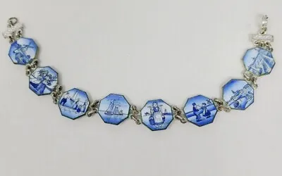 Vintage DUTCH DELFT Enamel Panel Bracelet Handpainted Scene • $19.99