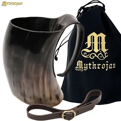 Viking Drinking Horn Mug Tankard With Brown Leather Strap Wine Mead Ale 800 ML • $49.99