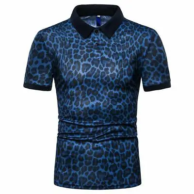 Men Leopard Print Short Sleeve T-shirt Turn Down Collared T Shirt Blouse 0628 • $20.68