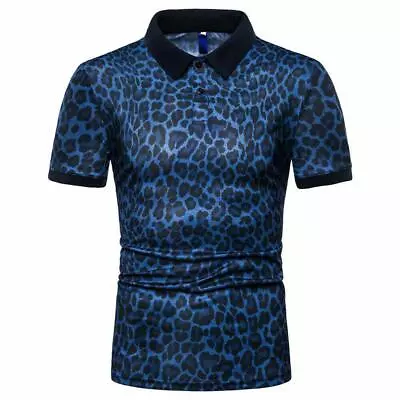 Men Leopard Print Short Sleeve T-shirt Turn Down Collared T Shirt Blouse • $26.18