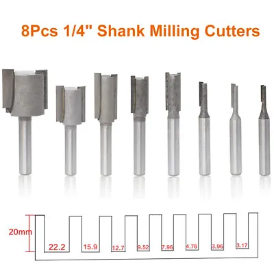 £12.49 • Buy 8Pcs/Set Shank 1/4  Dia Straight Router Bit Milling Slot Cutter Woodwork Tool UK