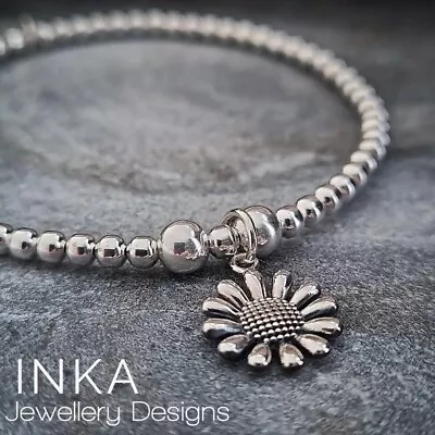 Inka 925 Sterling Silver Stretch Beaded Stacking Bracelet With Daisy Charm • £22