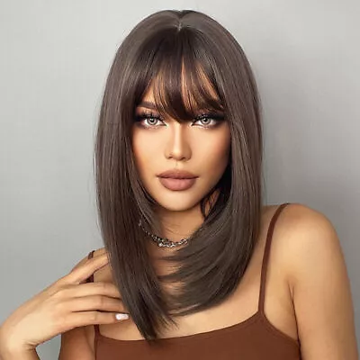 UK Womens Dark Brown Wigs With Bangs Layered Hair Medium Long Straight Wigs • £7.49