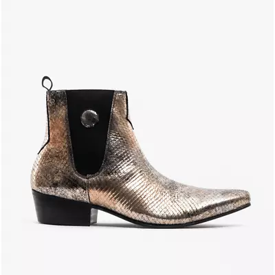 Club Cubano HUGO Mens Modern Formal Leather Pull On Cuban Heel Boots Gold Snake • £59.30