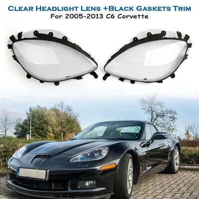 Clear Headlight Lens Replacement & Black Gaskets Trim Kit For 05-13 C6 Corvette • $81.61