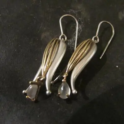 Fab Modernist Scottish Ola Gorie Solid Silver Gold & Moonstone Drop Earrimgs • £225