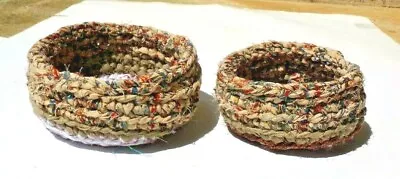 SET OF TWO     CROCHETED VINTAGE FABRIC RAG BASKETS      By Bon88Craft  • $120.44
